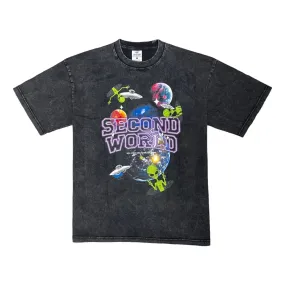 2ND CLOSET "ALIEN SKATEBOARDING " WASHED T-SHIRT-BLACK