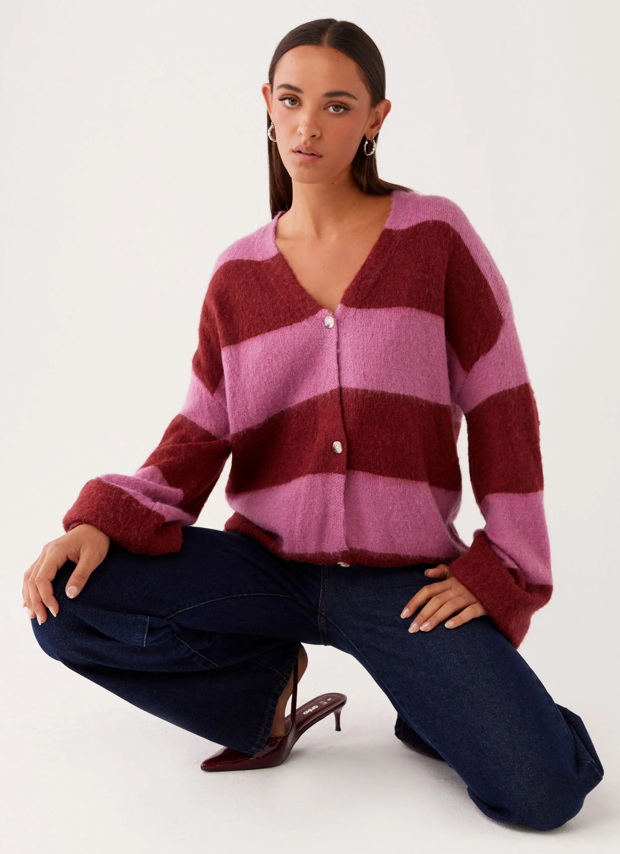 Ainslee Oversized Knit Cardigan - Red Pink Stripe