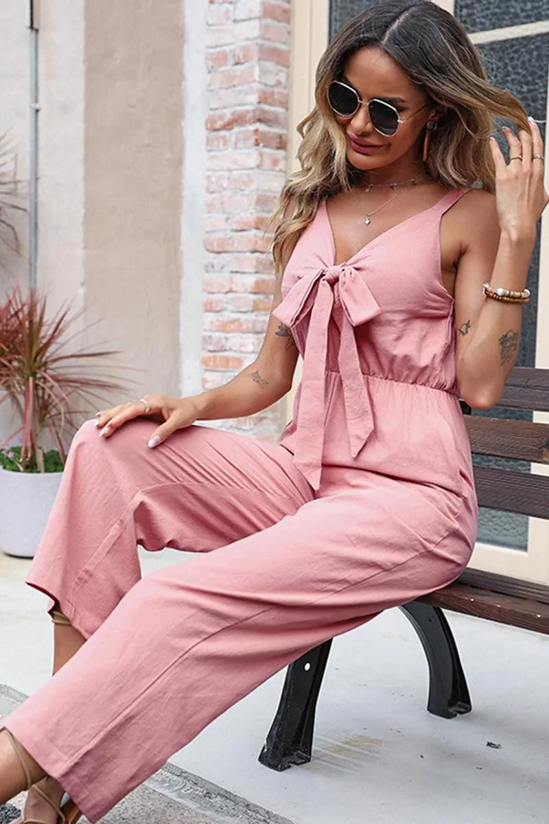 BIG RIBBON V NECK STRAIGHT LEG JUMPSUIT