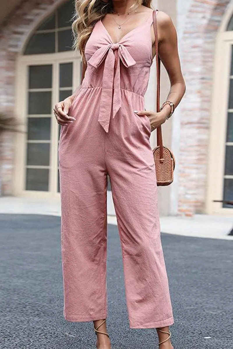 BIG RIBBON V NECK STRAIGHT LEG JUMPSUIT