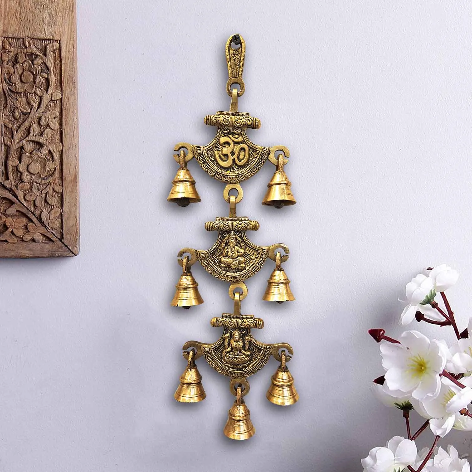 Brass Om Ganesha and Laxmi Curve Style Temple Bells