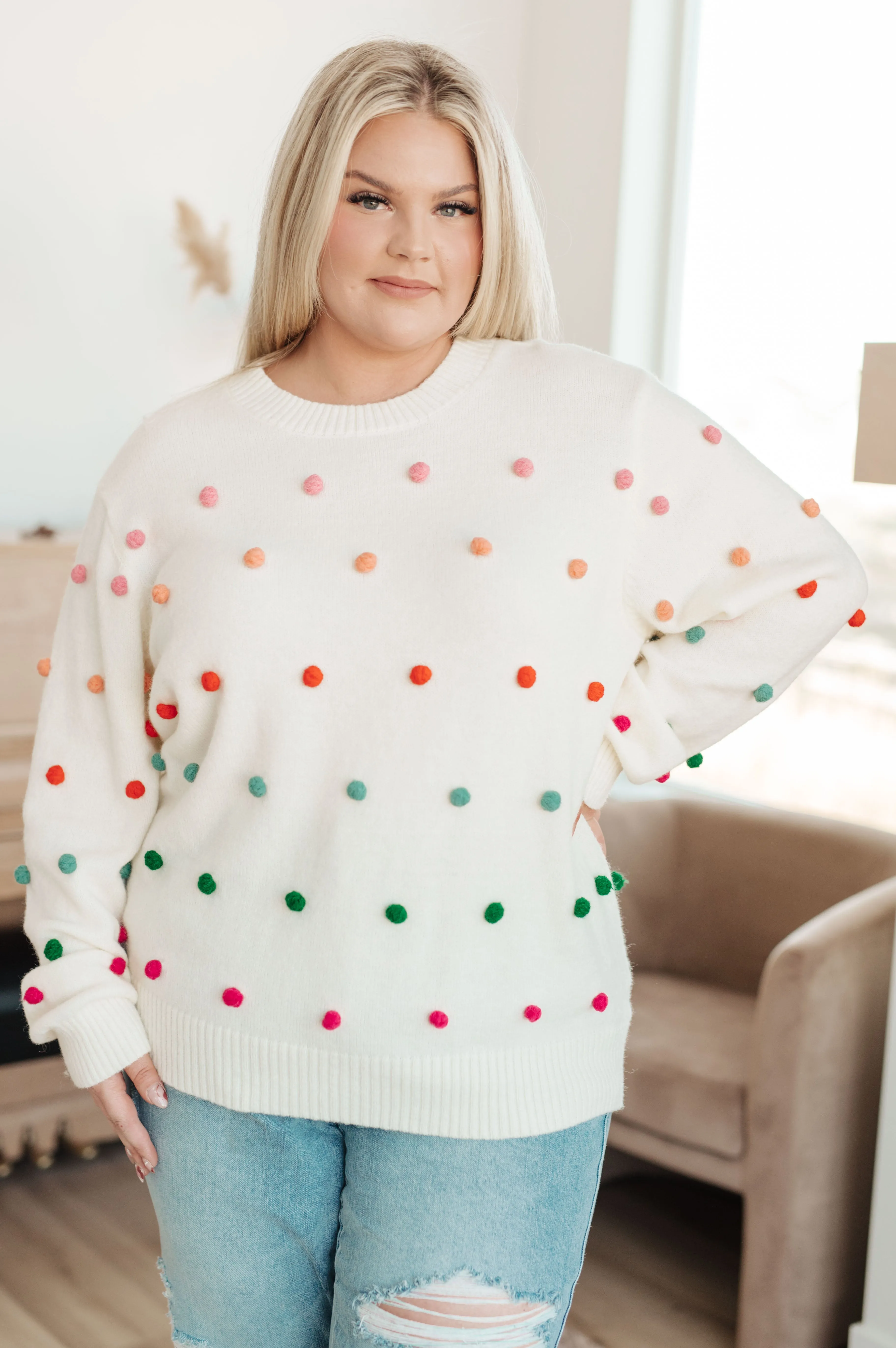 Candy Buttons Pom Detail Sweater- USE CODE SPRING24 for 40% OFF!!!!