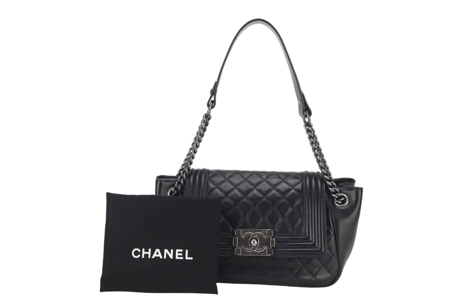 CHANEL BOY ACCORDION MEDIUM BLACK LAMBSKIN LEATHER PALLADIUM HARDWARE (1610xxxx) WITH DUST COVER