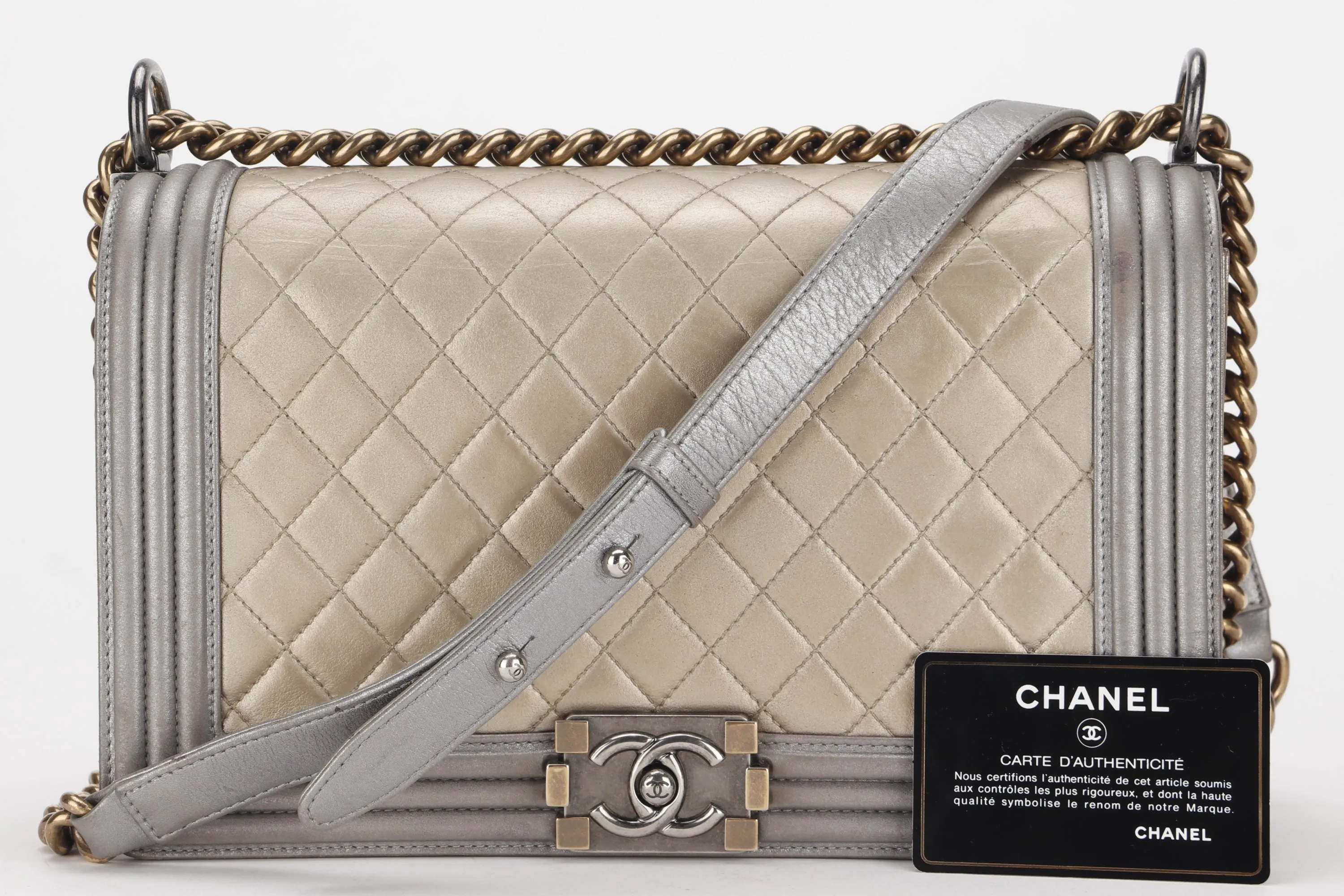 CHANEL LE BOY (1961xxxx) NEW MEDIUM GOLD SILVER METALLIC CALFSKIN RUTHENIUM HARDWARE, WITH CARD, NO DUST COVER