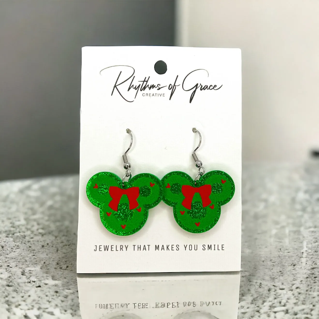 Christmas Mouse Earrings - Festive Mouse Ears, Red & Green Wreath Accessories