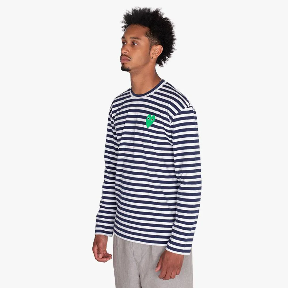 COMME des GARÇONS PLAY Green Heart Striped Long Sleeve T-Shirt Navy / White