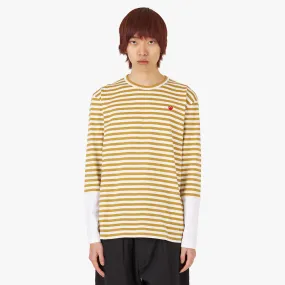 COMME des GARÇONS PLAY Red Heart Striped Long Sleeve T-shirt Olive / White