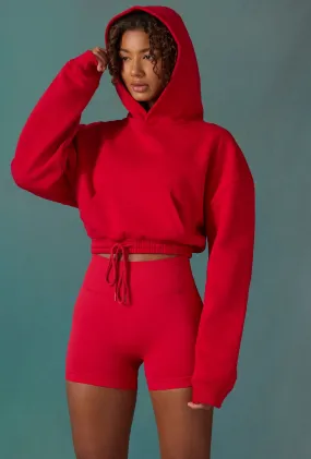 Cropped Drawstring Hooded Sweatshirt in Tango Red