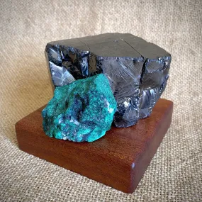 Elite Shungite Nugget 338g, Raw Malachite, Mahogany Wood Stand