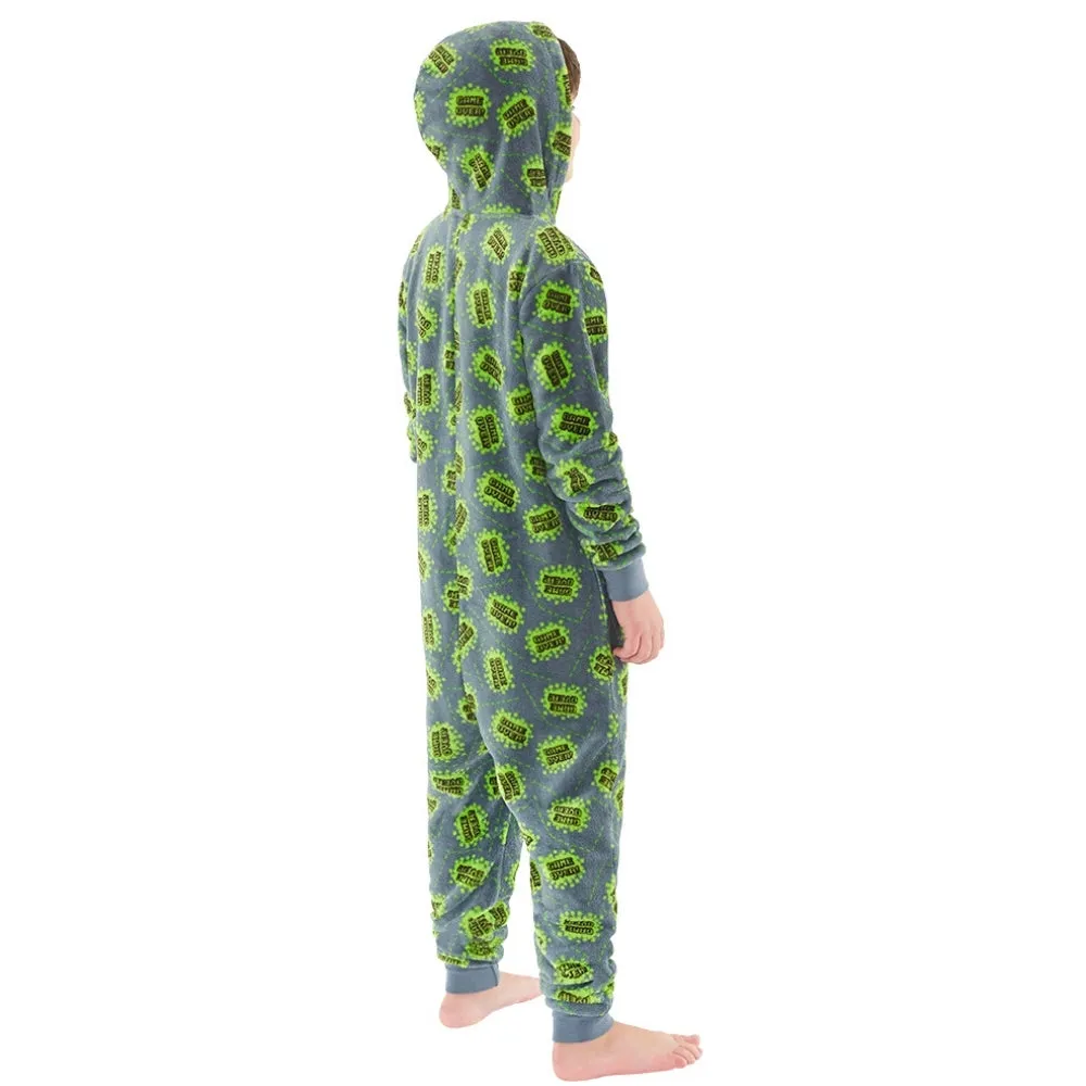 Game Over! Grey & Green Print Fleece Onesie