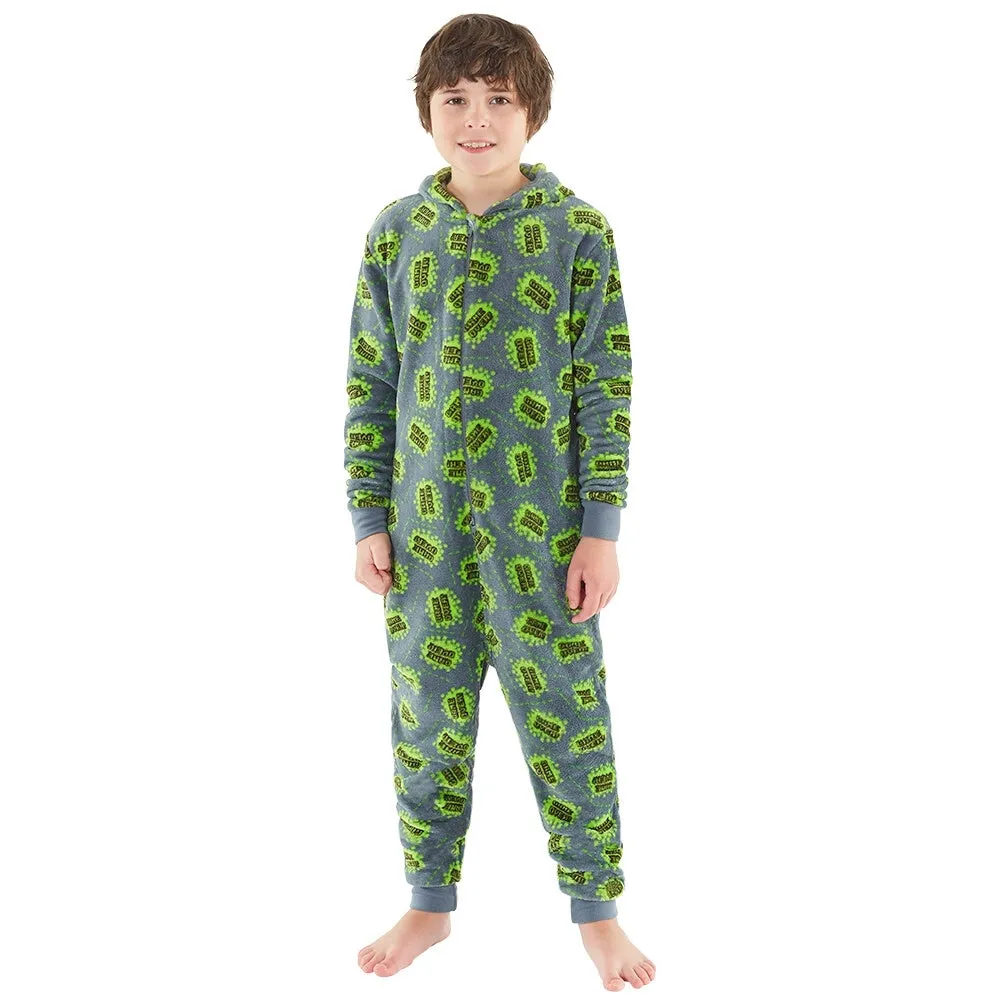 Game Over! Grey & Green Print Fleece Onesie