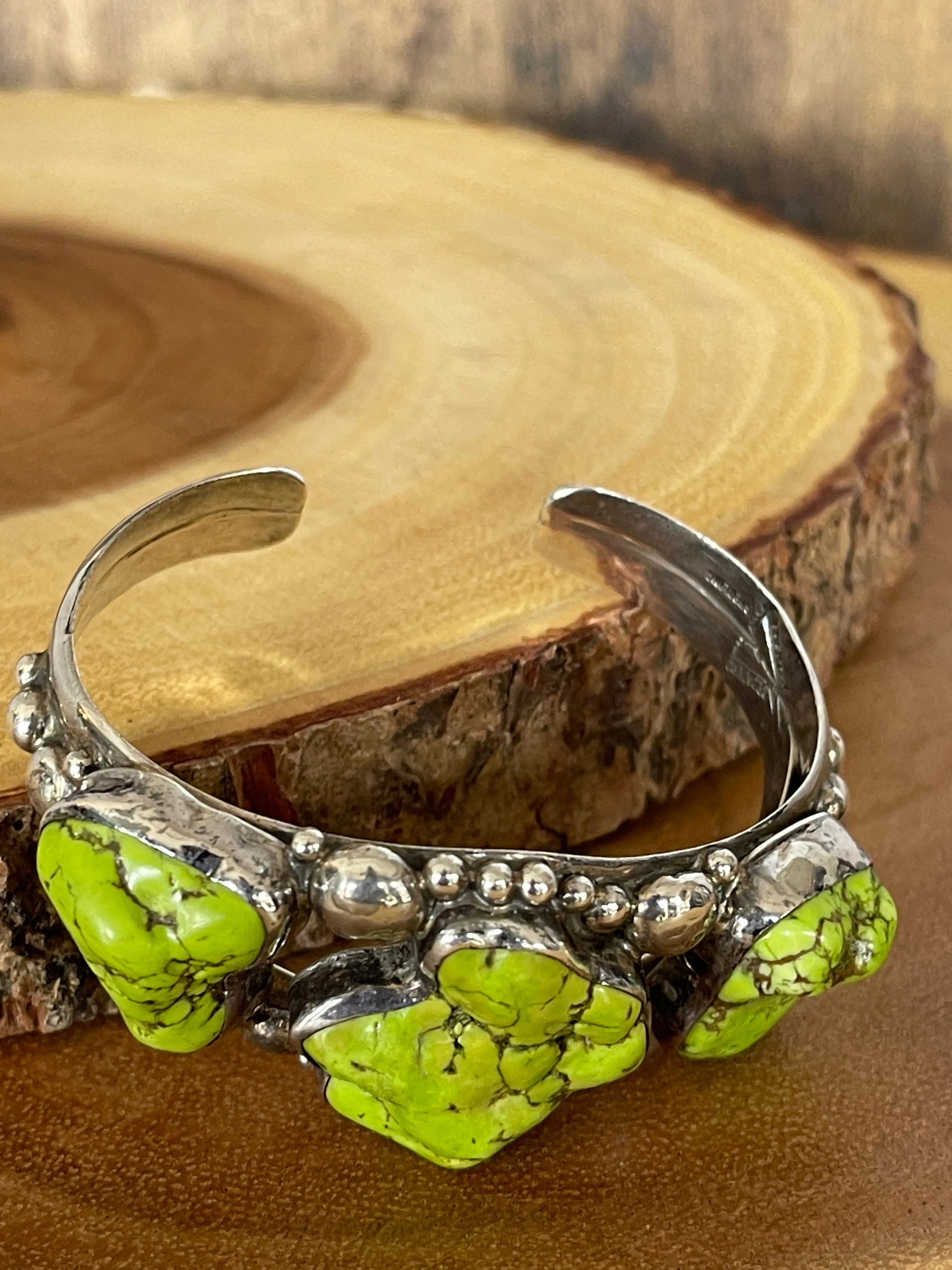 GILBERT SECATERO Navajo Silver and Green Stone Cuff