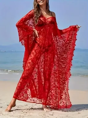 Lady in Lace, V Neck Semi-Sheer Loose Fit Beach Kaftan