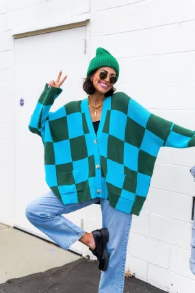 Love You Oversized Checkerboard Cardigan in Emerald   Sky