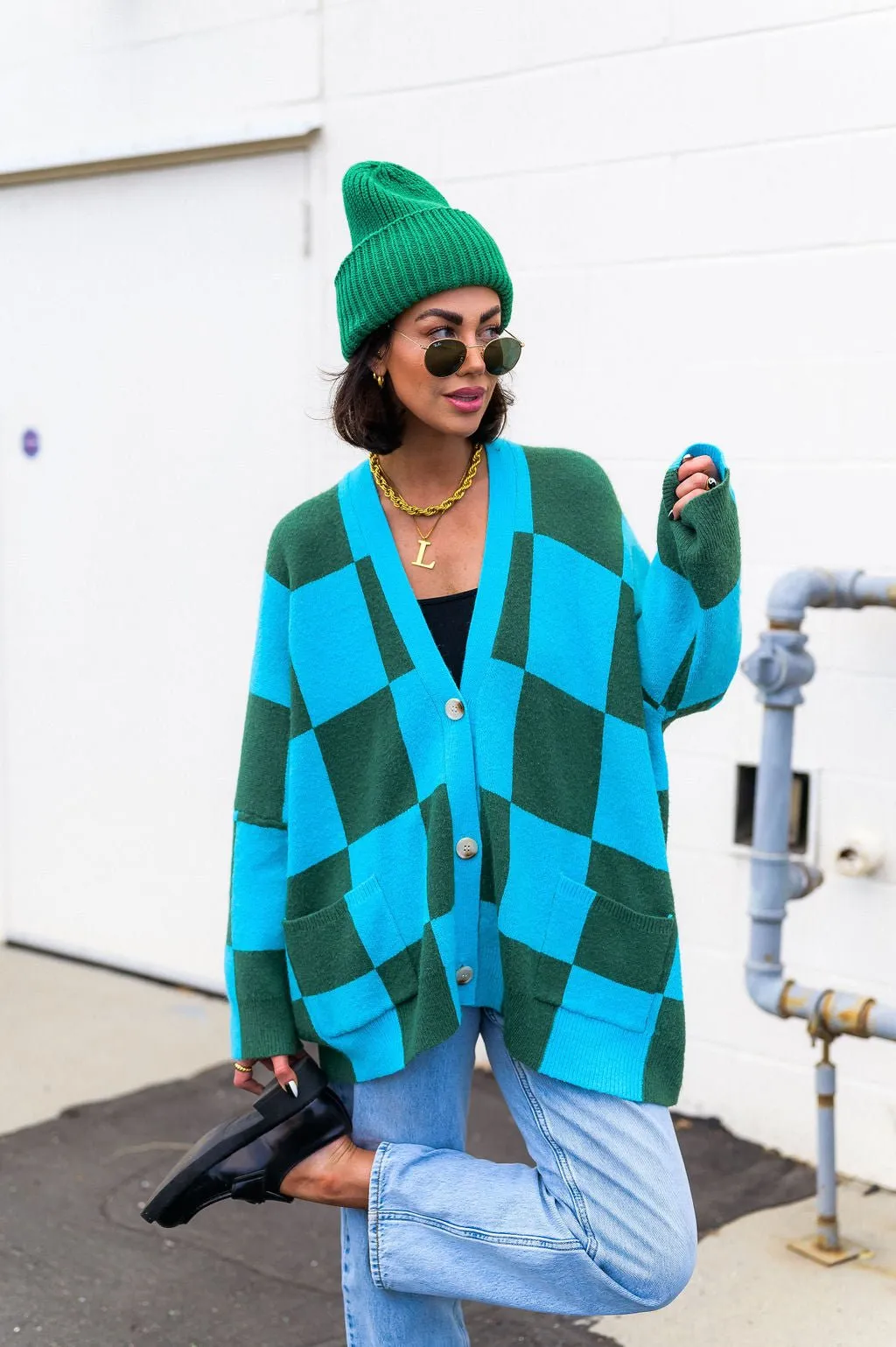 Love You Oversized Checkerboard Cardigan in Emerald   Sky