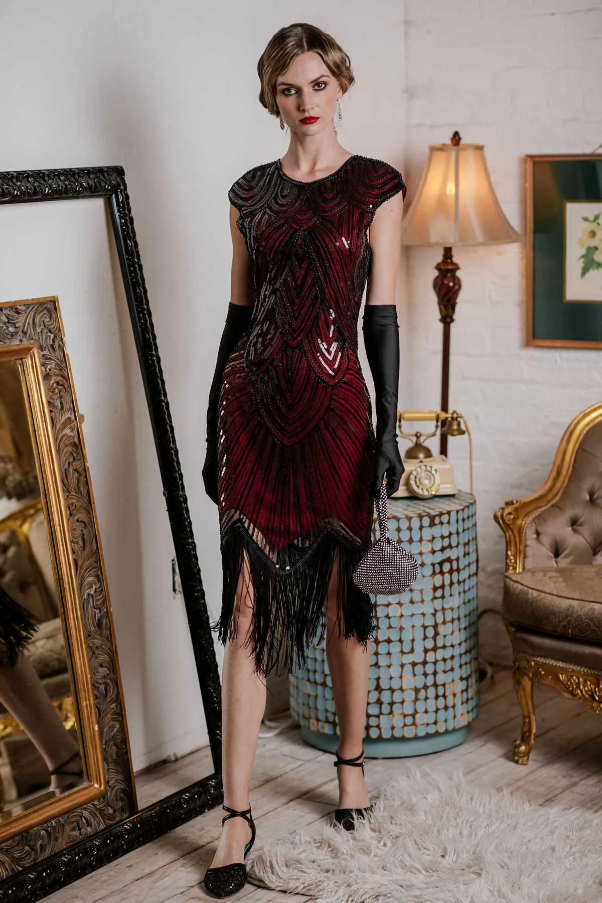 Red 1920s Sequin Beaded Fringed Dress