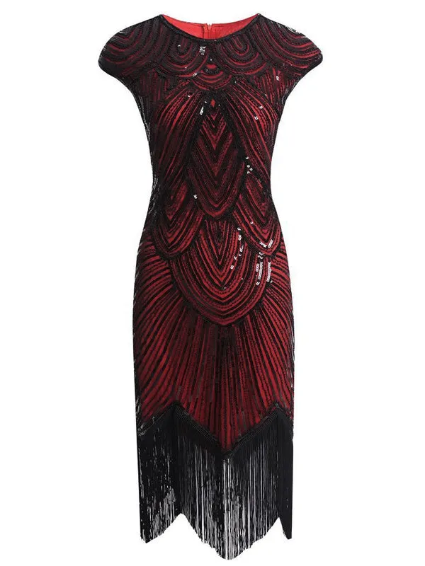 Red 1920s Sequin Beaded Fringed Dress