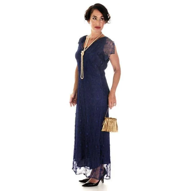 Vintage ART Deco Bright Blue Spider Web Lace Bias Cut Gown 1930s 38-36-46