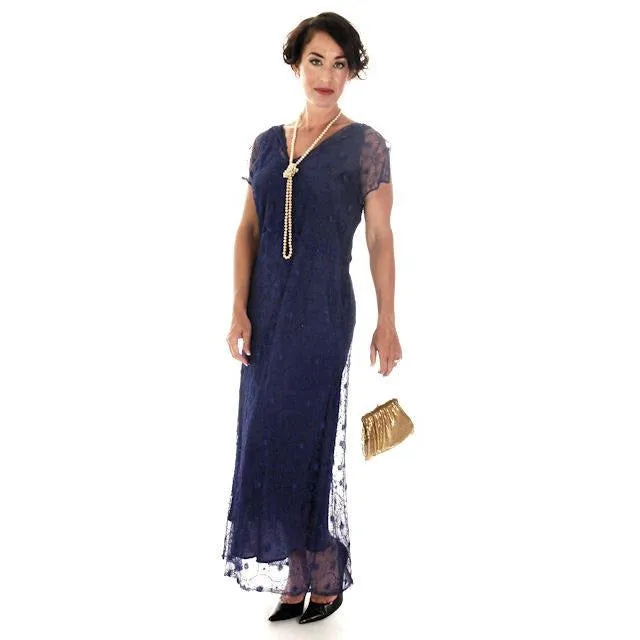 Vintage ART Deco Bright Blue Spider Web Lace Bias Cut Gown 1930s 38-36-46