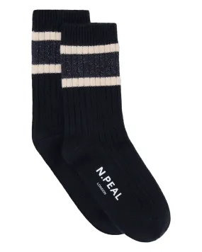 Women's Rib Stripe Cashmere Socks Navy Blue